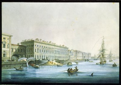 Utsikt over Palace Embankment i St. Petersburg. Maleri av Karl Petrovich Beggrov (1799-1875). Akvarell og blekk på papir, ca 1830, russisk kunst fra 1800-tallet, klassisisme. Statens russiske museum, Saint Pet av Karl Pavlovich Beggrov