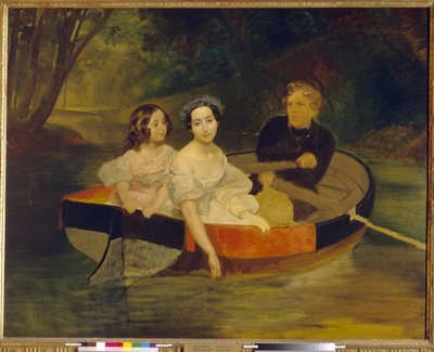 Selvportrett med baronesse Yekaterina Meller Zakomelskaya (Meller-Zakomelskaya) og hennes datter i en båt. Maleri av Karl Pavlovich Briullov (Bryullov) (1799-1852), olje på lerret av Karl Pavlovich Bryullov