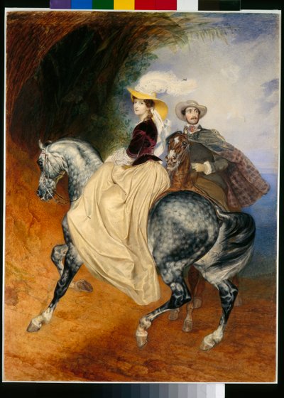 Rytterne: portretter av Eugene Mussard (ca. 1814-1896) og hans kone Emilie (ca. 1832-1896) - Verk av Karl Pavlovich Briullov (Brioullov) (1799-1852) av Karl Pavlovich Bryullov