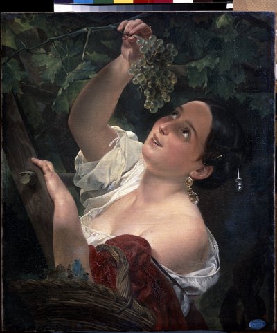 Midt italiensk dag (italiensk middag). Ung kvinne, bar skulder, plukker en klase med druer - Maleri av Karl Pavlovich Briullov (Briullov) (1799-1852) - olje på lerret av Karl Pavlovich Bryullov