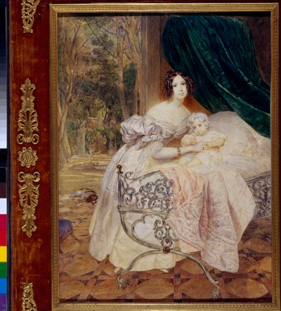 Portrett av Maria Butevena med datteren Maria (Portrett av Maria Buteneva med datteren Maria) - Verk av Karl Pavlovich Briullov (Briullov) (1799-1852), akvarell på papir av Karl Pavlovich Bryullov