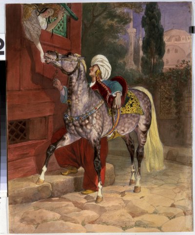 Møt i Konstantinopel (nå Istanbul, Tyrkia). En ung mann i turban frier til en ung jente som lener seg ut av vinduet for å tilby sukker til hesten hennes. I bakgrunnen basilikaen og moskeen Saint Sophia. Kunstverk av Karl Pavlovich av Karl Pavlovich Bryullov