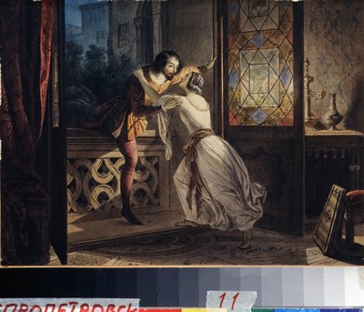Romeo og Julie (Romeo og Julie). En mann klatrer opp en balkong for å finne en kvinne på et hemmelig møte. Maleri av Karl Pavlovich Briullov (Bryullov) (1799-1852). Akvarell på papp, ca 1830, 23,2 x 31,5 cm, russisk kunst av Karl Pavlovich Bryullov