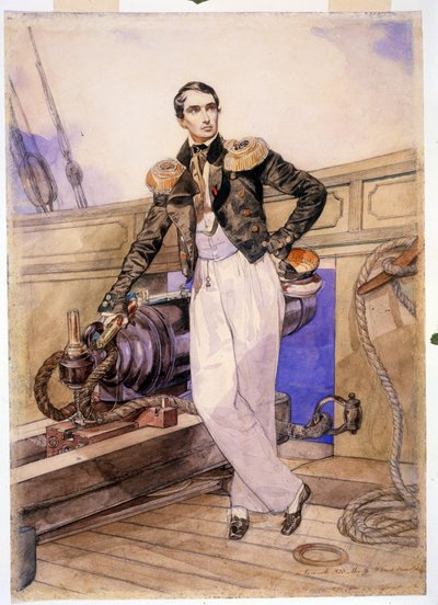 Vladimir Alekseevich Kornilov 1806-1854) ombord på briggen Themistocle. (Vladimir Alexeyevich Kornilov ombord på briggen Themistokles). Sjøoffiser og stabssjef for Svartehavsflåten, helten fra Krim-krigen (1853-1856), står av Karl Pavlovich Bryullov