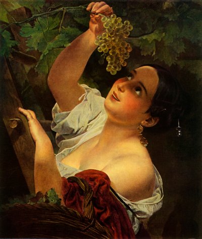 Italiensk middag, italiensk jente plukker druer av Karl Pavlovich Bryullov
