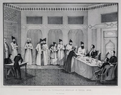 Signering av Turkmenchay-traktaten, 1828 av Karl Petrovich Beggrov
