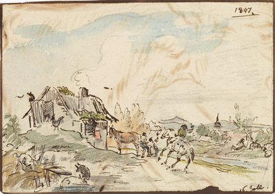Landlig idyll, våningshus med hester av Karl Pischinger