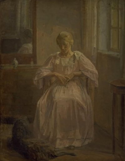 En ung jente, Sophie Lofthus, med hund av Karl Schou