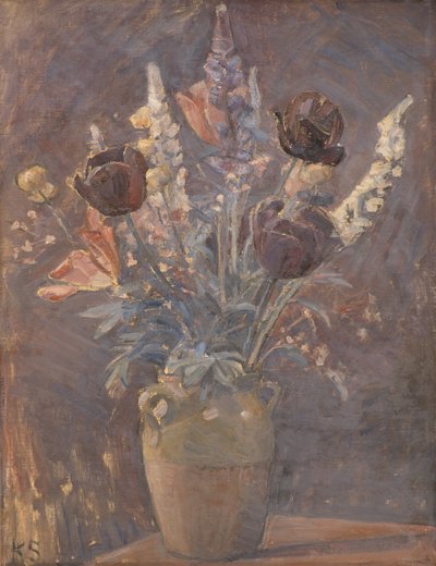 Leirvase med tulipaner og andre blomster av Karl Schou