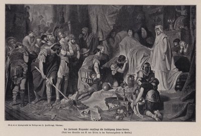 Den døende Alexander den store mottar hyllingen av sin hær, Babylon, 323 f.Kr. (litho) av Karl Theodor von Piloty