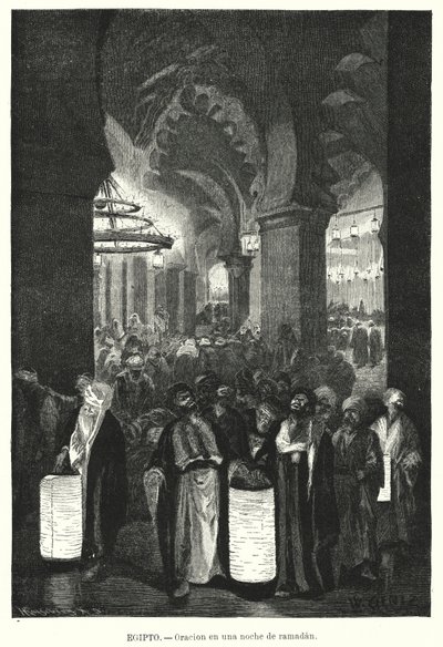 Kveldsbønner under Ramadan, Egypt (litho) av Karl Wilhelm Gentz