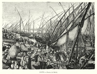 Kaier ved Nilen ved Bulaq, Kairo, Egypt (litho) av Karl Wilhelm Gentz