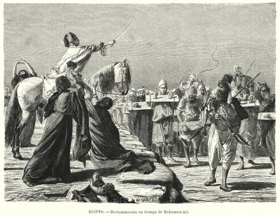 Rekruttering av soldater til den osmanske hæren under Muhammad Alis tid, Khedive i Egypt (litho) av Karl Wilhelm Gentz