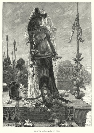 Ofring av en jomfru til Nilen i det gamle Egypt (litho) av Karl Wilhelm Gentz