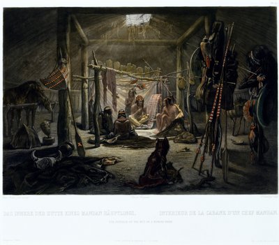 Interiøret til hytta til en Mandan-høvding, gravert av Narcisse Edmond Desmadryl (f.1801) ca. 1835 (gravering med akvatint) av Karl after Bodmer