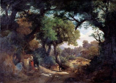 Representasjon av maleren Andrea del Castagno (1419-1457) med hyrde i et landskap (Portrett av maleren Andrea del Castagno og en hyrde i et landskap) Maleri av Carlo Marko junior (1822-1891) 1863 Dim 59x83 cm Genes, Galleria d 