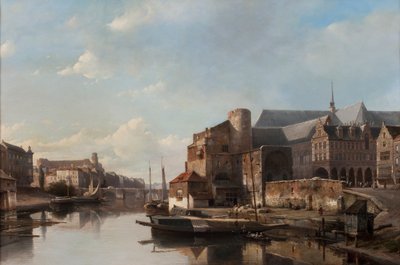 En Capriccio-utsikt over en nederlandsk by langs en elv av Kaspar Karsen