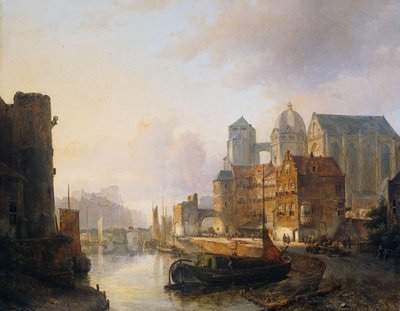 Imaginær utsikt over en elveby med Aachen-katedralen av Kasparus Karsen (signed by artist)
