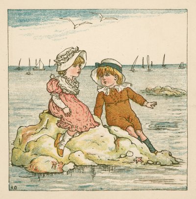 Gutt og jente strandet på en stein (farge litho) av Kate (after) Greenaway