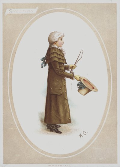Gutt i lang brun frakk, med parykk, og holder hatt og jaktpisk (farge litho) av Kate (after) Greenaway