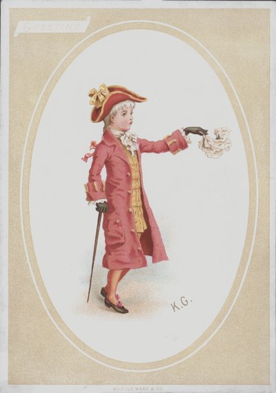Gutt i rød dress, viftende lommetørkle (farge litho) av Kate (after) Greenaway