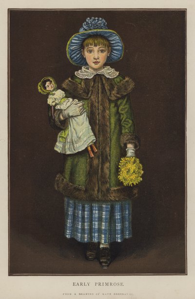 Tidlig Primrose (farge litho) av Kate (after) Greenaway