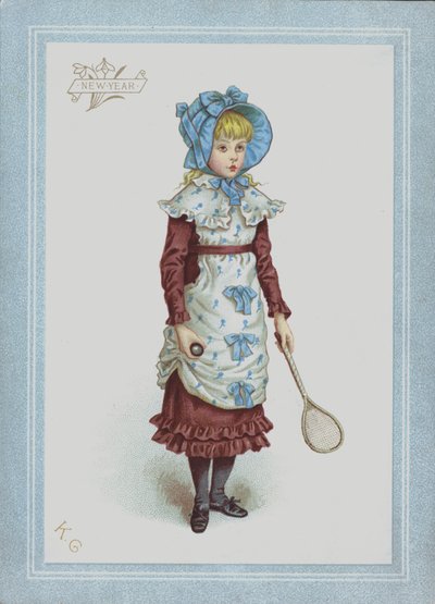 Jente i kjole og panser, holder skyttel og racket (farge litho) av Kate (after) Greenaway