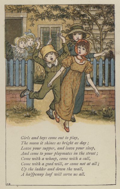 Jenter og gutter kommer ut for å leke (farge litho) av Kate (after) Greenaway