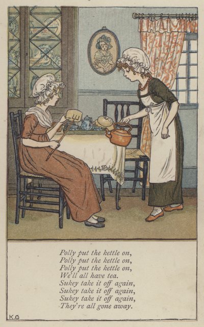 Polly satte vannkokeren på (farge litho) av Kate (after) Greenaway
