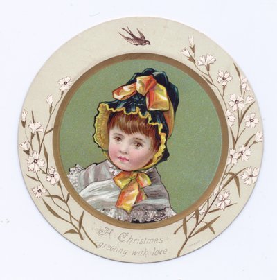 Et viktoriansk gratulasjonskort av en gutt med armen rundt en jente som ser på en bok, ca. 1880 av Kate Greenaway