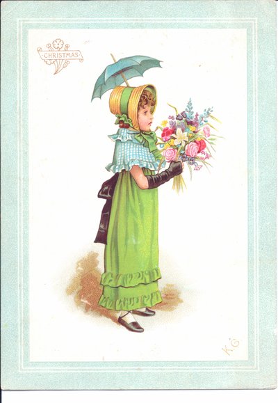 Et viktoriansk gratulasjonskort av barn i fancy kostyme som danser, ca. 1880 av Kate Greenaway