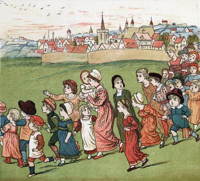 En mengde mødre og barn flykter fra landsbyen. Illustrasjon av Kate Greenaway (1846-1901) fra boken med eventyr og barnerim for barn "" Under The Window" (1879), redigert av Edmund Evans. av Kate Greenaway