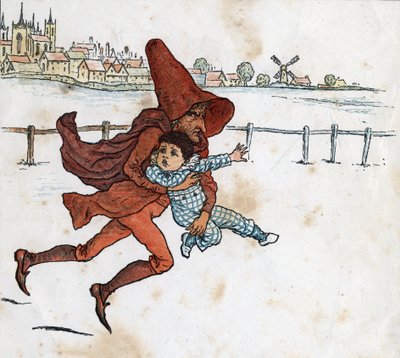 A leprechaun takes a small child. Illustration by Kate Greenaway (1846-1901) from the children