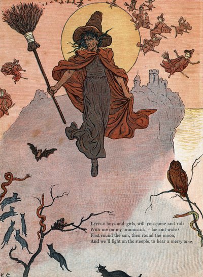 A witch and her broom surrounded by black cats, bat and owl. (Little boys and girls, will you come and ride with me on my broomstick?) ) Illustration by Kate Greenaway (1846-1901) from the book of tales and nursery rhymes for children “” Under The Window”  av Kate Greenaway