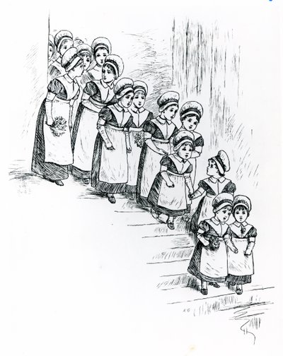 Veldedighetsbarn, ca. 1880 (gravering) av Kate Greenaway