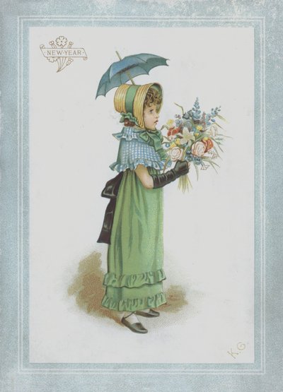 Jente i grønn kjole, holder parasoll og en bukett blomster av Kate Greenaway