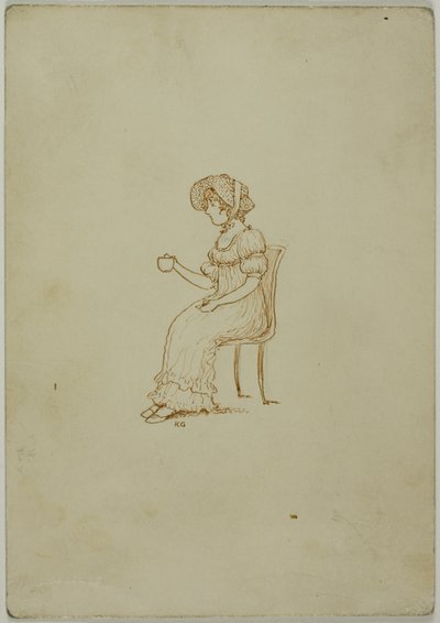 Sittende jente holder tekopp av Kate Greenaway
