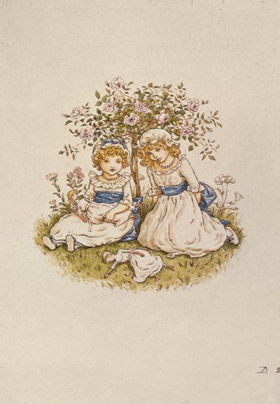 To jenter med dukker som sitter under en rosebusk, 1800-tallet av Kate Greenaway