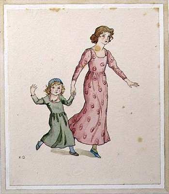 To små jenter i festkjoler (akvarell på papir) av Kate Greenaway