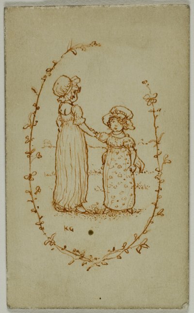 Vignette av to jenter (recto); Athena (verso) av Kate Greenaway