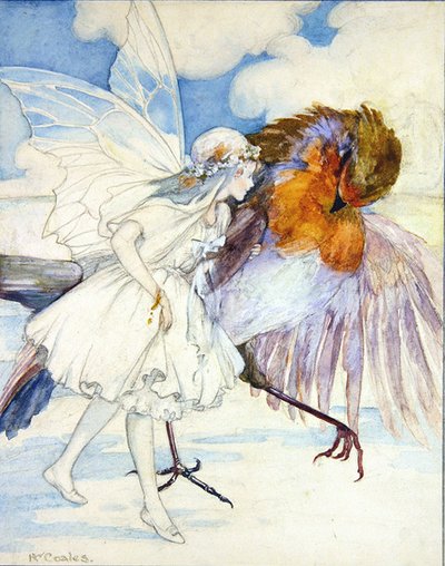 Cock Robin and the Flower Fairy (blyant og akvarell på papir) av Kathleen Wallis Coales
