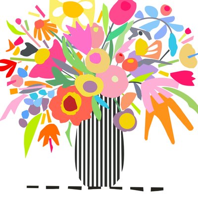 Blomster og striper 1, 2024 (digital illustrasjon fra original collage på trepanel) av Kathy Dunaway