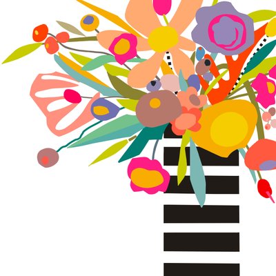 Blomster og striper 2, 2024 (digital illustrasjon fra original collage på trepanel) av Kathy Dunaway