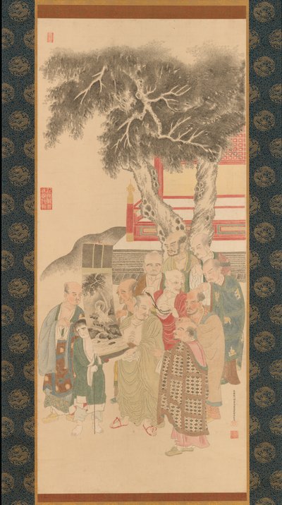 Ten Rakan undersøker et maleri av hvitkledde Kannon, 1792. av Kato Nobukiyo