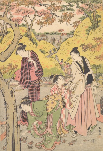 En ung mann, to unge kvinner og en jente på en piknikfest, ca. 1789. av Katsukawa Shuncho