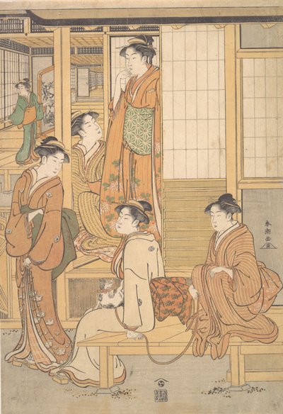 Gruppe av unge kvinner på verandaen til et tehus, sent på 1700-tallet. av Katsukawa Shuncho