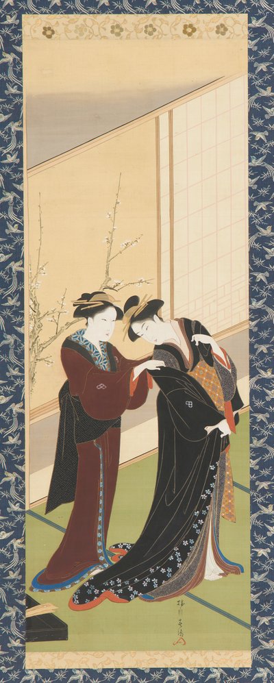 Interiør: en kvinne som hjelper en jente å kle seg, Edo-perioden, 1726-1792. av Katsukawa Shuncho