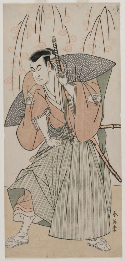 Onoe Matsusuke I som en samurai som står under et kirsebærtre av Katsukawa Shunei