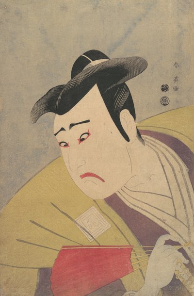 The Actor Ichikawa Yaozo III Holding a Red Fan, 1794.    1200447   no       norwegian Successfully Translated  Original: Gezicht op vuurwerk en een triomfboog met een tweekoppige adelaar en de naam van Jozef II, Duits keizer Translat: Gezicht op vuurwerk e av Katsukawa Shun