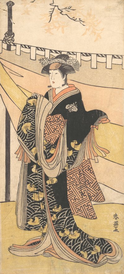 Skuespilleren Nakayama Tomisaburo som kvinne på piknik under høstlønnetrær, ca. 1792. av Katsukawa Shun